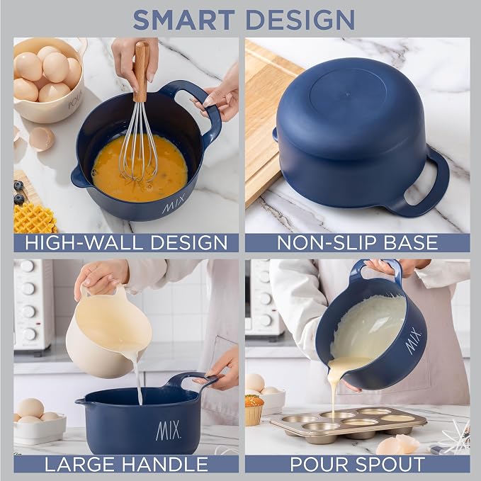 Rae Dunn Non-Slip Mixing Bowls - 4 Piece Nesting Plastic Mixing Bowl Set with Pour Spouts and Handles-Measurement Markings (Cream) - Image 4