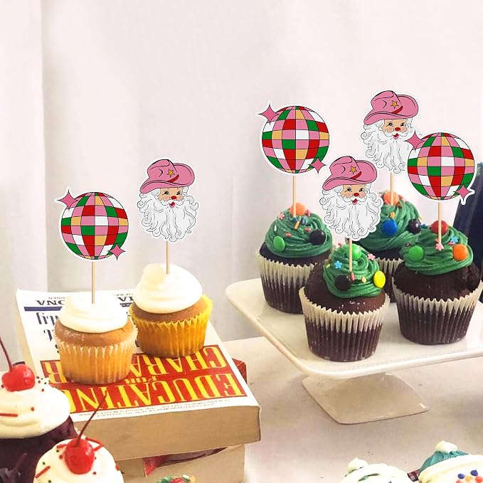 24Pcs Christmas Cupcake Toppers Santa Claus Disco Ball Cupcake Picks | Holiday Party Cake Decorations for Christmas Baby Shower Birthday Party Supplies - Image 4