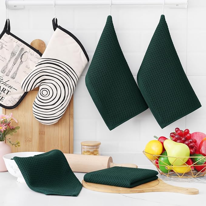 Homaxy 100% Cotton Waffle Weave Kitchen Dish Cloths 8-Pack, Blackish Green | 12 x 12 Inches, Ultra Soft Absorbent Dish Towels, Quick Drying Dish Rags with Hanging Loop - Image 6