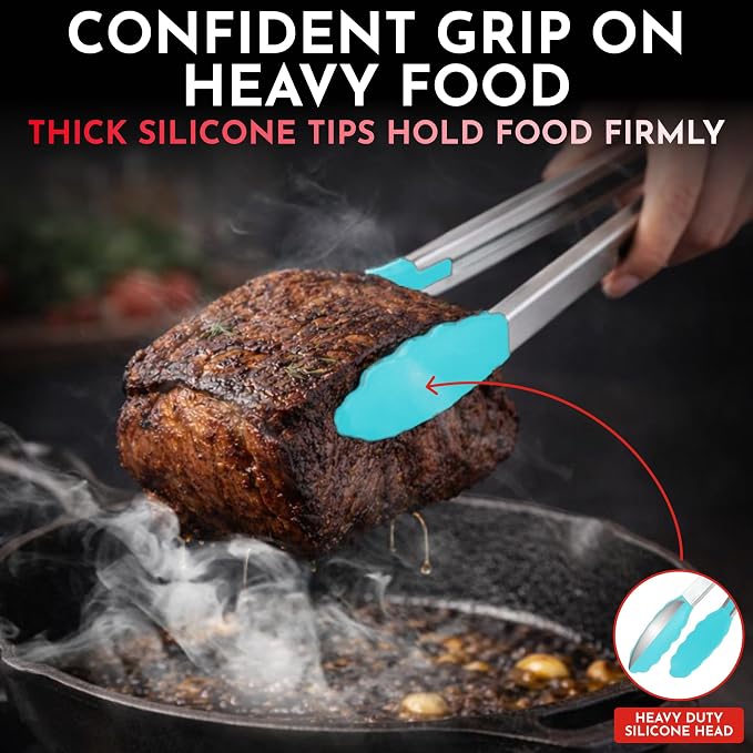 Kitchen Tongs - 12, 9 & 7 Inch Locking Silicone Tongs for Cooking, Set of 3 | Aqua Tongs with Silicone Tips, Heat Resistant Tongs for Grilling, Serving, Mixing - Image 3