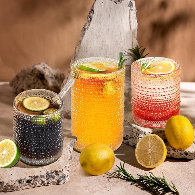 Hobnail Drinking Glasses with Straws, 15 oz & 12 oz Vintage Drinking Glasses Set of 8, Embossed Glasses Drinking Set, Textured Glass Cups for Kitchen, Beer, Juice, Cocktail, Whiskey, Milk - Image 3