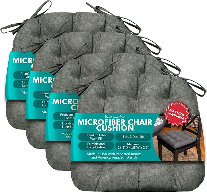 Barnett Home Decor Microsuede Dining Chair Cushions with Ties, 16.5 x 18 Inches, Pack of 4 – Machine Washable, Reversible with Plush Latex Foam Fill for Comfortable Seating – Grey (Gray) by BarnettHomeDecor