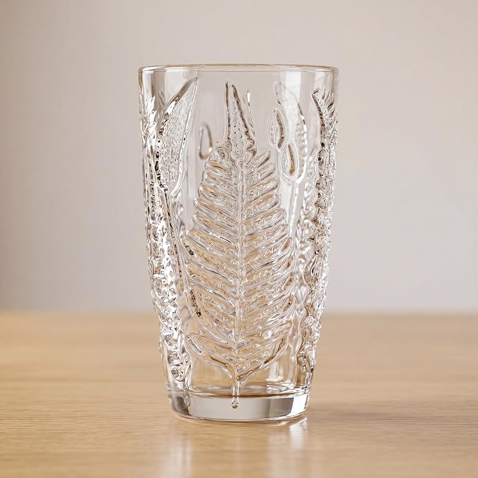 Clear Drinking Glasses Set of 4, 16 oz Glass Cups, Vintage Fern Glassware | Hand-Pressed, Dishwasher Safe, Boho Leaf-Textured Drinkware, Decorative Embossed Highball Tumblers for Water, Retro Kitchen - Image 3