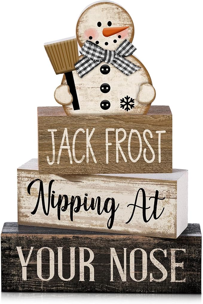 Moucuny 4 Pcs Christmas Table Decor Wooden Snowman Black and White Winter Tiered Tray Decor Rustic Decorative Snowman Block Sign Gifts Christmas Centerpiece Rustic Winter Decorations for Home Kitchen by Moucuny