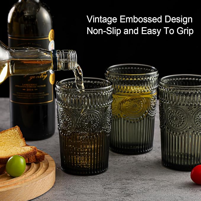 ZMOWIPDL Drinking Glasses Set of 6,13oz Flower Design Grey Glass Cups | Vintage Glassware,Textured Tumblers,Embossed Striped Drinkware for Water,Cocktails,Juice,Iced Coffee - Image 7