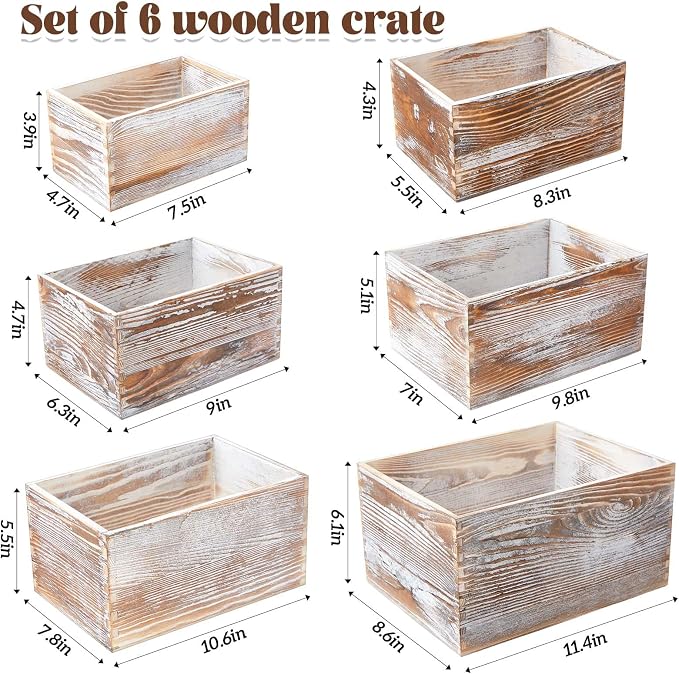 Set of 6 Farmhouse Wooden Crate Antique Wood Crates for Pantry Decor Organizer Storage Rustic Wooden Crates for Display Decorative Solid Wooden Storage Box for Book Storage Organizing - Image 3