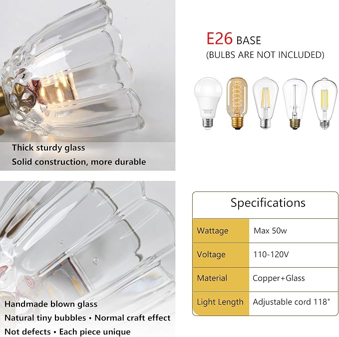 Sedelan Vintage Pendant Light, Antique Pendant Lights Kitchen Island, Glass Pendant Light, Indoor Pendant Lighting for Kitchen Bedroom Hallway Hotel, E26 Copper Switch Knob - Image 7