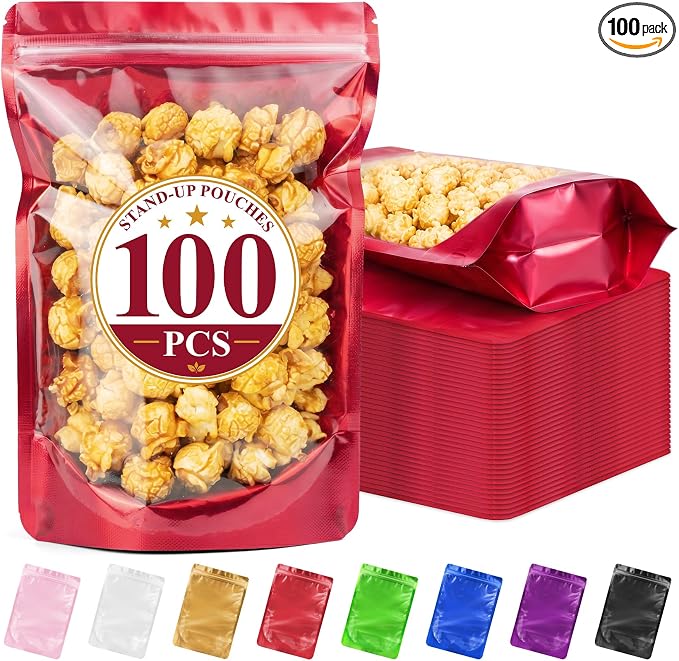 ANZNKU 100PCS Mylar Bags Resealable Small Smell Proof Bags(Red, 5.5x7.8) | Stand Up Foil Pouches Clear Window, Sealable Bags for Small Business Packaging Snack Party Favors Candy Treats Food Storage by ANZNKU