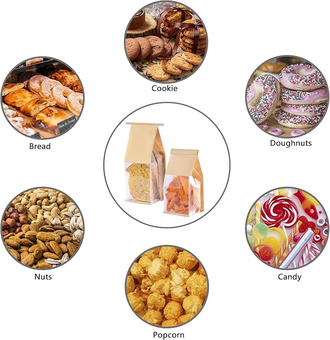 50 Pack Cookie Bags Packaging, DAJLFA Small Bakery Bags with Window, Tin Tie Tab Lock, Great for Muffin, Homemade Granola, Popcorn, Candies (3.9 * 3 * 9.2 Inches) - Image 5