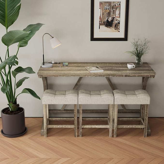 allamazing 4-Piece Counter High Bar Table Set with Socket and 3 Fabric Padded Bar Stools, Tall Kitchen Breakfast Nook with Stool (1+3 Natural) - Image 7