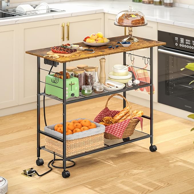 Kitchen Island with Power Outlet, Rolling Kitchen Cart with 6 Hooks and Protective Shelf, Microwave Stand on Lockable Wheels, Bakers Rack Coffee Bar for Dining, Living Room, Outdoor, Metal Frame by ThreeHio
