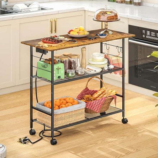 Kitchen Island with Power Outlet, Rolling Kitchen Cart with 6 Hooks and Protective Shelf, Microwave Stand on Lockable Wheels, Bakers Rack Coffee Bar for Dining, Living Room, Outdoor, Metal Frame by ThreeHio