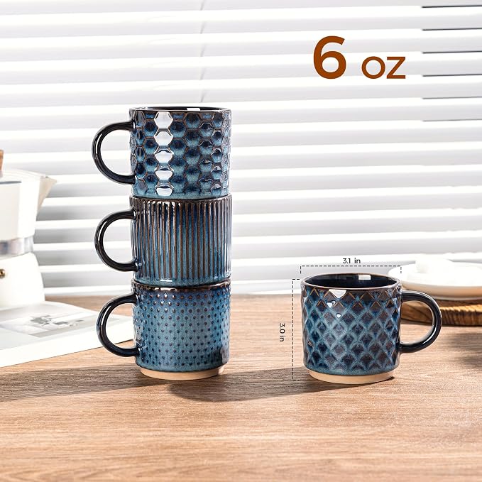 GBhome 6 OZ Stackable Coffee Mugs Set of 4, Ceramic Coffee Cups Set | 4 Assorted Designs, Embossed Mugs with Texture Patterns for Espresso/Tea, Dishwasher&Microwave Safe, Deep Sea - Image 2