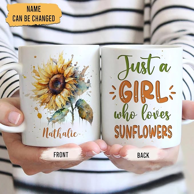 Hyturtle Personalized Gifts Sunflower Lover - Just A Girl Who Loves Sunflowers Custom Name Ceramic Coffee Mug Cup 11oz - Perfect Idea Gifts For Women, Girl Daughter On Birthday, Christmas - Image 2