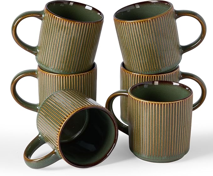 famiware Coffee Mug Set for 6, Star 12 oz Catering Mugs Cup Set with Handle for Coffee, Tea, Cocoa, Milk - Ceramic Stoneware Drinkware Set, Moss by Famiware