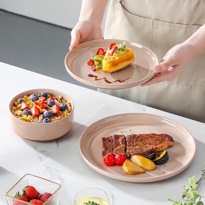 MALACASA Plates and Bowls Sets, 12 Pieces Modern Stoneware Dinnerware Set for 4 Kitchen Dinner Set Ceramic Dishware Dishes Set Microwave and Dishwasher Safe, Pink, Series TARA - Image 6