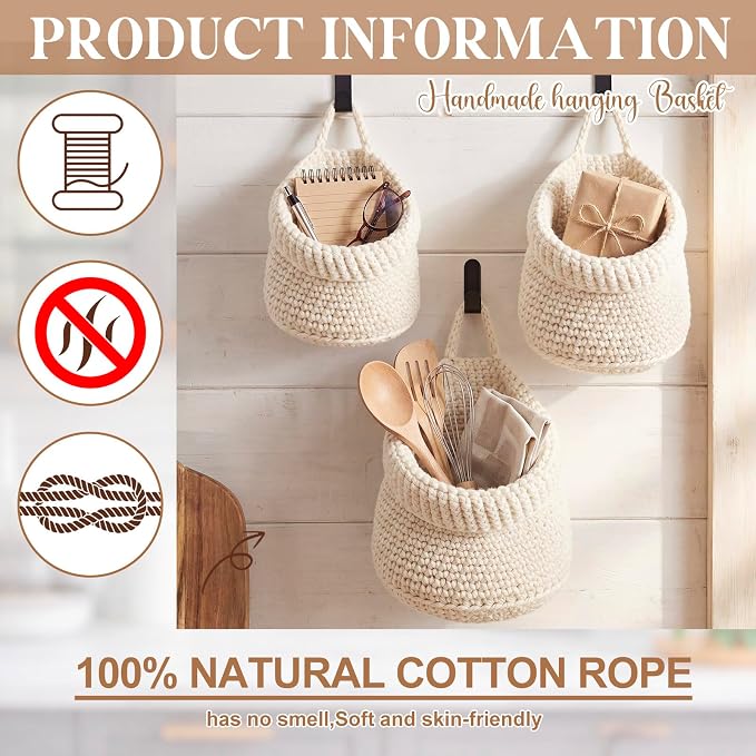 Honeydak Boho Decor Hanging Wall Baskets for Kitchen 3 Pack Teardrop Baskets with Hooks Storage Fruit Onion Vegetable Potato for Home 3 Sizes(White,Barrel,Cotton Rope) - Image 4