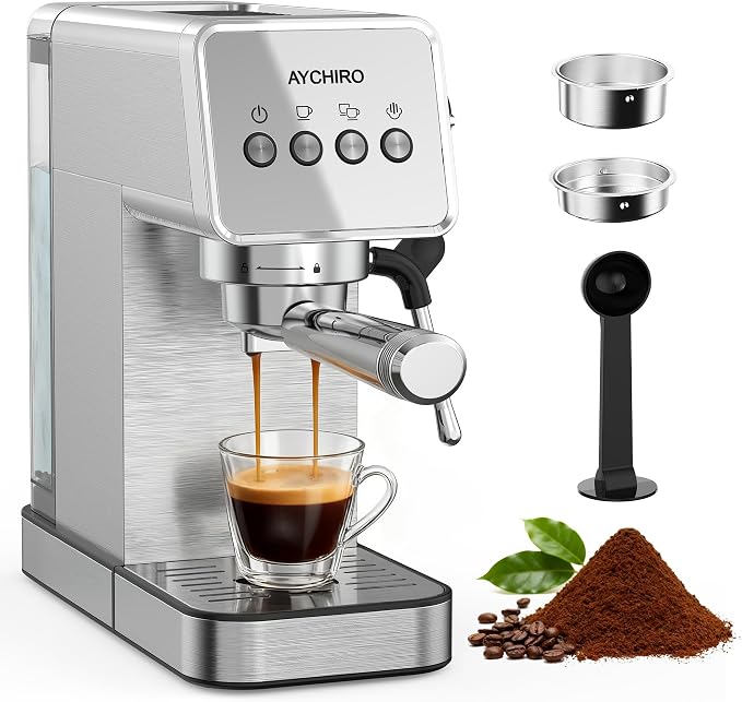 AYCHIRO 20 Bar Espresso Machine, Semi-Automatic Espresso Maker with Milk Frother Wand, Compact Stainless Steel Coffee Machine for Latte & Cappuccino, 37.2 oz Removable Water Tank by AYCHIRO