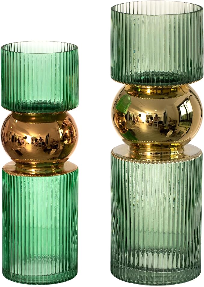 Set of 2 Decorative Green Tall Glass Vase - Modern Minimalist Decor for Parties, and Special Events - Perfect Centerpiece for Coffee Tables, Living Rooms, Dining Tables, Offices, and Farmhouse Decor by Uniquewise