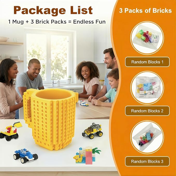 Lumsburry Build-on Brick Coffee Mug, Funny DIY Unique Novelty Drinking Cup | Building Blocks Creative Mug, for Men Women Kids Dad Mom, Present Exchange Ideas, Xmas Birthday White Elephant(Yellow) - Image 4