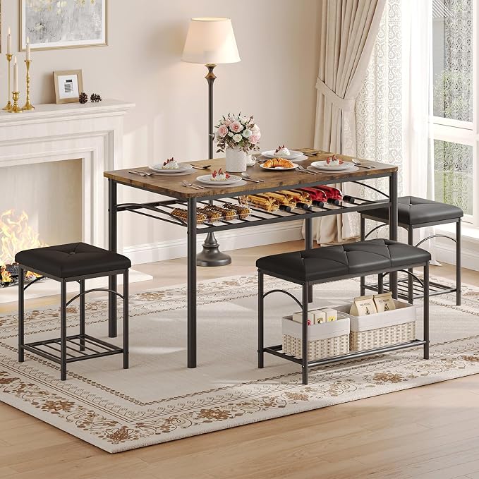 GarveeHome Dining Table Set for 4 with Upholstered Benches and 2 Stools, Modern Space Saving Kitchen Breakfast Table, Ideal for Small Kitchens, Apartments, Studios, and Compact Living Spaces - Image 2