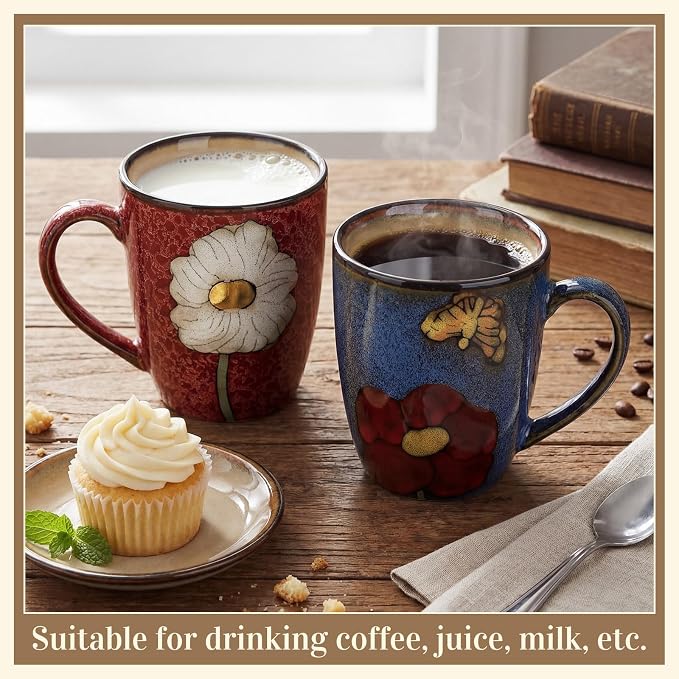 Maxdot 2 Pcs 12oz Ceramic Coffee Mugs Sets Glazing Process Cappuccino Mug Floral Ceramic Tea Cups Idea Gift Set for Women Porcelain Cup for Coffee, Cocoa, Tea, Latte (Retro) (Rustic) - Image 3