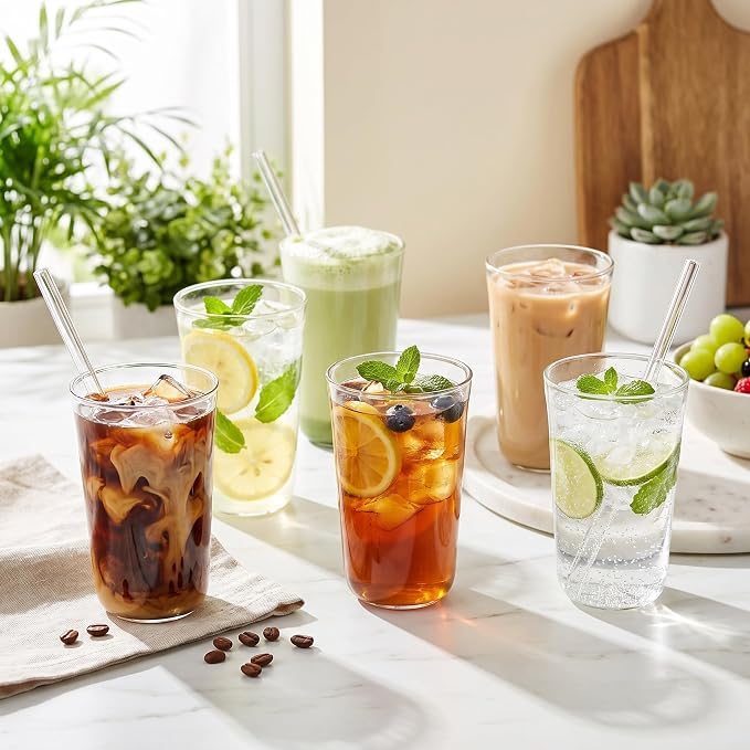 Set of 8 14.2 oz Clear Drinking Glass with Straws 420 ml Iced Tea Beer Cups Heat Resistant Kitchen Glassware for Juice, Beverage, Cocktail, Coffee, Soda - Image 6