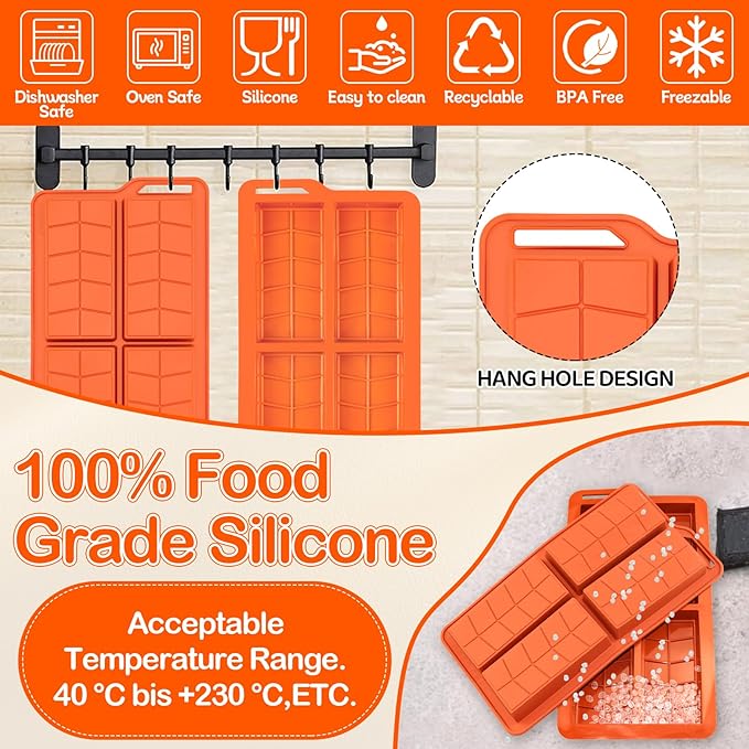 Chocolate Bar Mold 0.82inch Deep 2 Pack,Thick Dubai Stuffed Pistachio Silicone Molds Kit for Making Big Shapes Filling Candy Granola Bar and Pastry Snacks