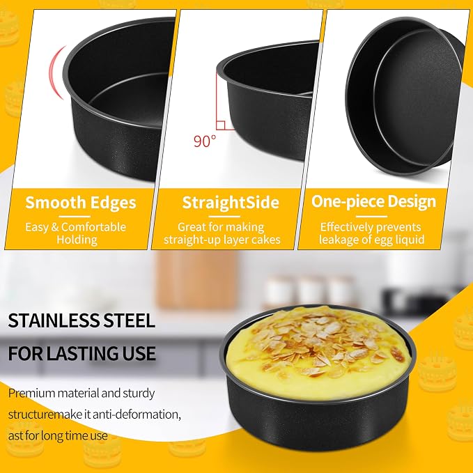 P&P CHEF 6 Inch Cake Pan Set, Non-stick Baking Pans for Cake, 2Pcs | Round Cake Baking Tins for Tier Smash Cakes, Bread, Non-Toxic & Solid, Stainless Steel Core & Leak-Proof, Black - Image 3
