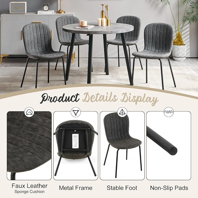 5-Pieces 37.4" Round Dining Table Set for 4,Mid Century Modern Small Coffee Table, Engineered Wood Table and Chairs Set of 4 for Kitchen, Dining Room, Office(1 Table+4 Grey PU Leather Chairs) - Image 8