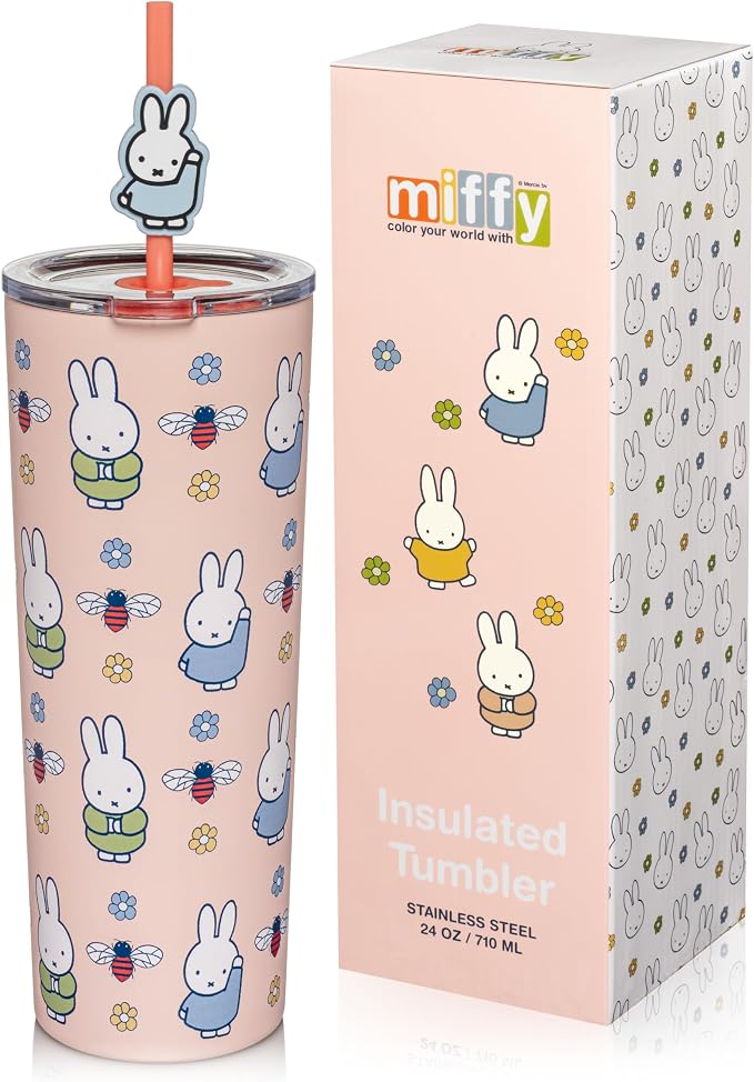Dragon Glassware | Miffy Stainless Steel Tumbler with Straw, 24 oz - Pink | Vacuum Insulated Stainless Steel Tumbler with Straw & Lid; Double Walled Tumbler with Straw Charm; Miffy Cup with Lid by DragonGlassware