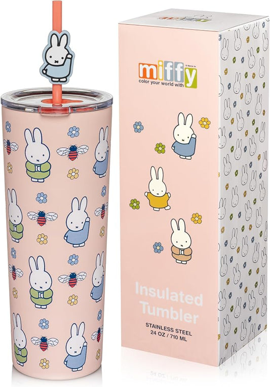 Dragon Glassware | Miffy Stainless Steel Tumbler with Straw, 24 oz - Pink | Vacuum Insulated Stainless Steel Tumbler with Straw & Lid; Double Walled Tumbler with Straw Charm; Miffy Cup with Lid by DragonGlassware