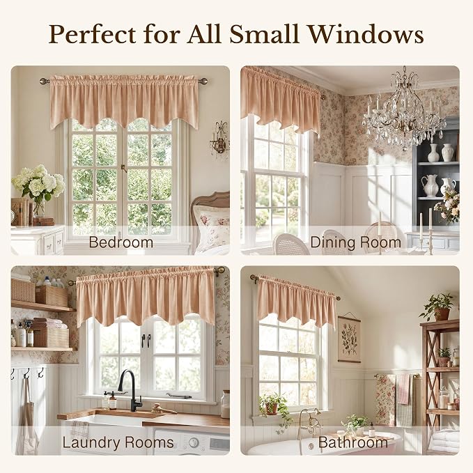 Blush Beige Velvet Window Valance 52x18 Inch 1 Panel | Soft Wavy Scalloped Window Treatment for Kitchen Small Windows, Elegant Half Window Drape for Bathroom, Cabinet - Image 6