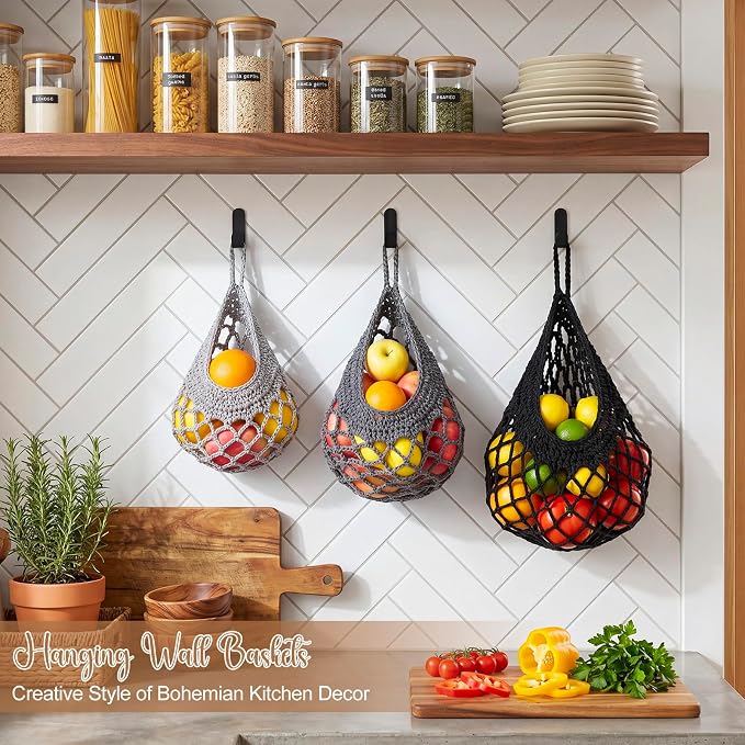 Honeydak Boho Decor Hanging Wall Baskets for Kitchen 3 Pack Teardrop Baskets with Hooks Storage Fruit Onion Vegetable Potato for Home(Light Grey, White, Dark Grey,Crochet,Cotton Rope) - Image 5