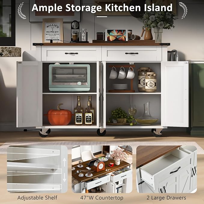 53.5’’ Rolling Kitchen Island Cart with Storage & Power Outlet, Retro White | Built-In Charging Station, Drop Leaf, 2 Drawers, 4 Door Cabinets, Adjustable Shelves, Lockable Wheels, Spice & Towel Rack - Image 4
