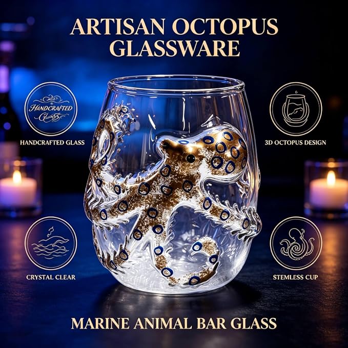 Artisanal Blue Ringed Octopus Glassware, 3D Octopus Stemless Wine Glasses | Handcrafted Marine Animal Bar Glass Collection, 12oz Octopus Drinking Cup for Cocktail, Ocean-Themed Coastal Home Decor Gift - Image 5