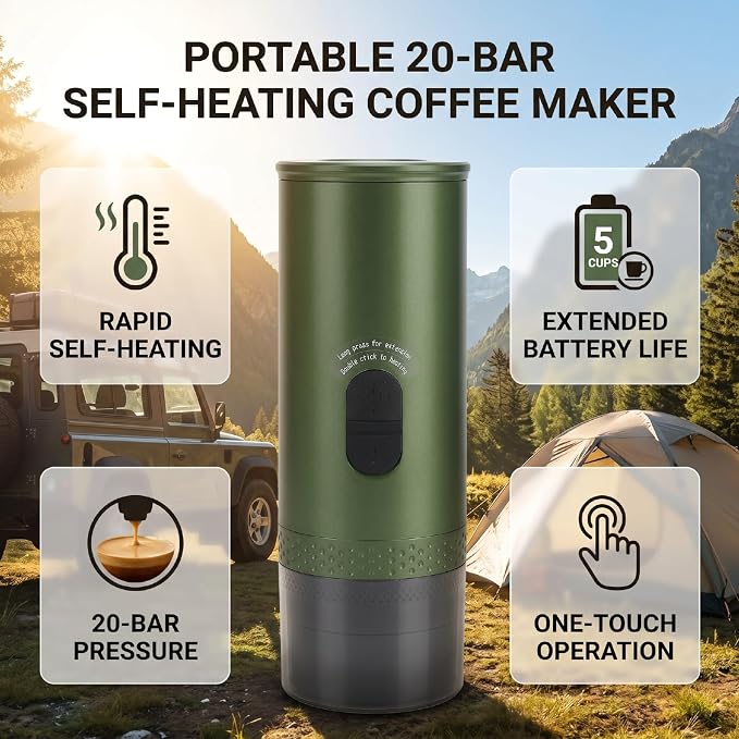 Portable Electric Capsule Coffee Maker 20bar (Green) | SelfHeating Travel Coffee Machine, 7800mAh, Stainless Steel, Ideal for Camping RV Hiking Office, 5 Cups per Charge - Image 6