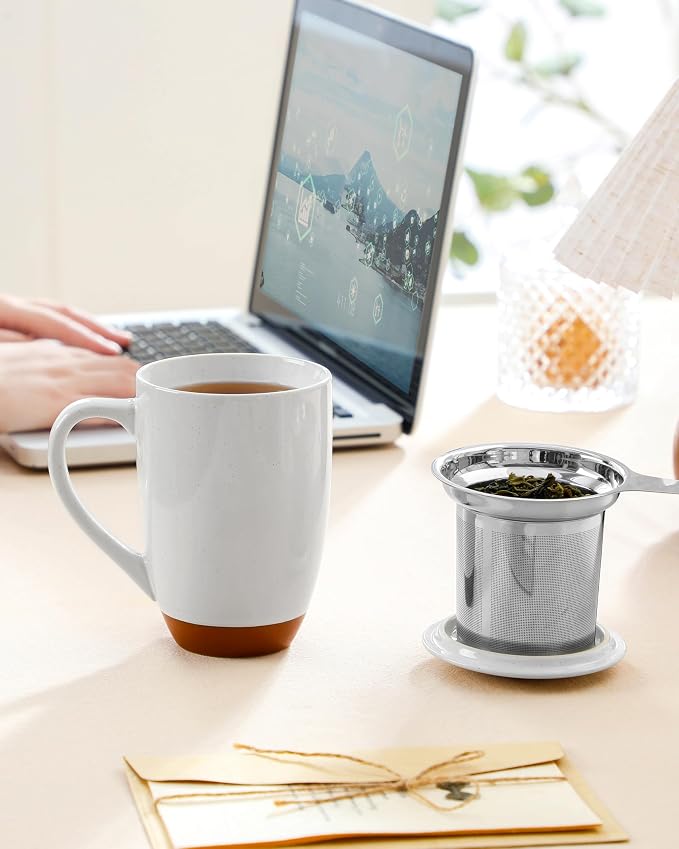 MALACASA Ceramic Tea Mug with Lid and Stainless Steel Infuser, 18 oz Large Tea Cup for Loose Leaf Tea, Heat-Resistant, Microwave & Dishwasher Safe, Speckled Glaze Coffee & Tea Brewer Mug, Khaki White - Image 6
