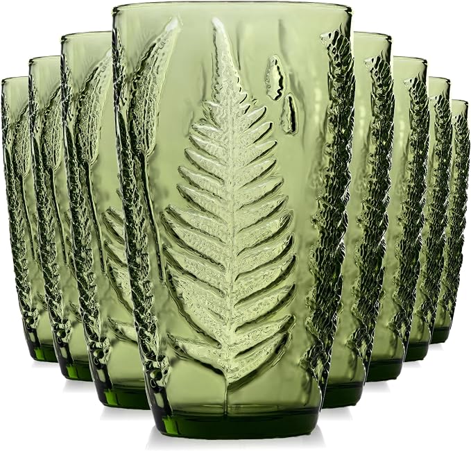 Green Drinking Glasses Set of 8, 16 oz Glass Cups, Vintage Fern Glassware | Hand-Pressed, Dishwasher Safe, Boho Leaf-Textured Drinkware, Colored Embossed Highball Tumblers for Water, Retro Kitchen Gift by QELVIO