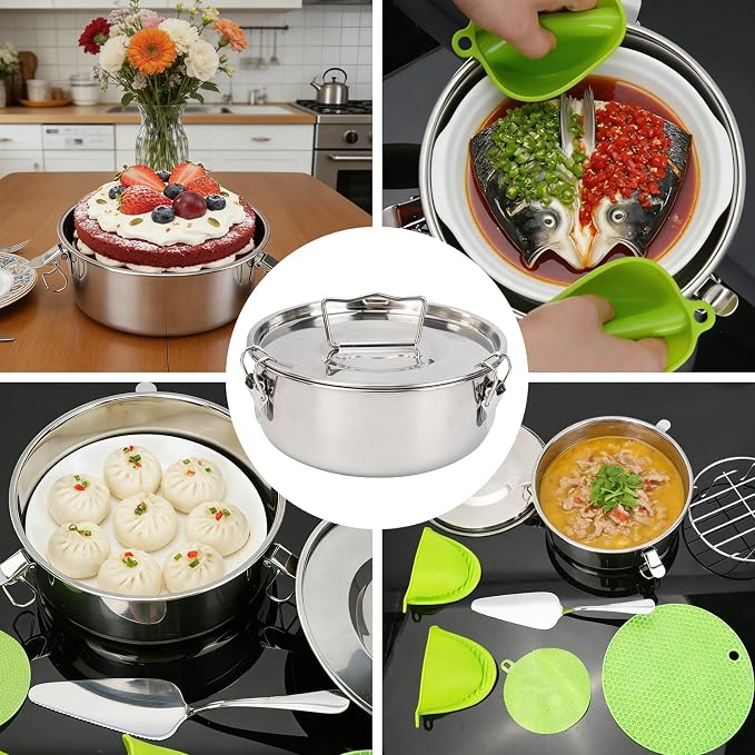 WRENYZK Flan Mold with Lid, 1.5 Quart Stainless Steel Flan Pan, Flanera Flan Mold, Flanera Flan Maker Come with Rack Silicone Heat Pad Glove Brush and Spatula, for Cheese Chocolate Cupcake Pudding - Image 6
