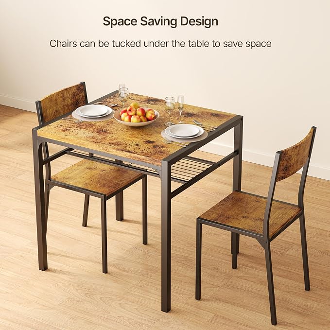 Gizoon 3-Piece Dining Table Set for 2, Small Kitchen Table & Chairs Rustic | Compact rustic 2-person dining set perfect for apartments. Features under-table storage rack and 2 chairs that tuck away. - Image 4