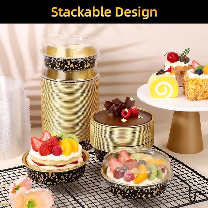 Beasea Mini Pie Pans with Lids, 120 Pack 4 Inch 7.3oz Disposable Cake Pans Aluminum Foil Pie Tart Baking Cups Tins Individual Dessert Containers Oven Dishes for Tart Cheesecake - Black Gold Speckles - Image 5
