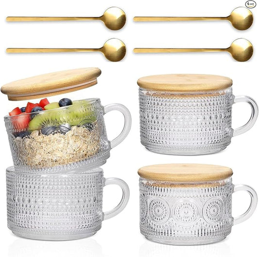 Vintage Coffee Mugs 4pcs Set, 14 Oz Glass Coffee Cups Gifts for Women, Overnight Oats containers with Bamboo Lids and Spoons,Clear Embossed Glass Cups,Cute Coffee Bar Accessories, Iced Coffee Glasses | Clear by Xigugo