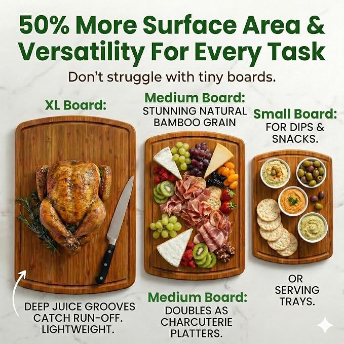 Greener Chef Luxury Bamboo Cutting Board 3-Piece Set with Carbonized Vertical Grain Strength Technology - Extra Large Wooden Cutting Boards for Kitchen with Deep Juice Grooves - Lifetime Replacements - Image 4