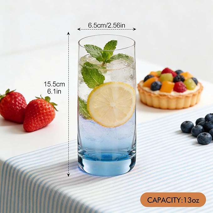 Blue Highball Glasses Set of 6,13oz Drinking Glass Cups for Mixed Drink Cocktail, Beer, Mojito, Water and Juice,Thick Tall Crystal Glassware for Kitchen, Restaurant, Home Bar and Parties - Image 2