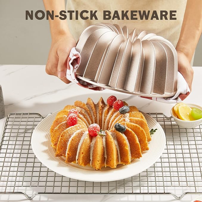 KITESSENSU Non-Stick Cake Pan, 9.5-Inch Aluminum Cake Mold, 8 Cup Fluted Heavy Duty Tube Pan, Durable Rust & Scratch-Resistant, Baking Mold for Jello, Gelatin, Chocoflan, Flan, French Wreath,Gold - Image 5