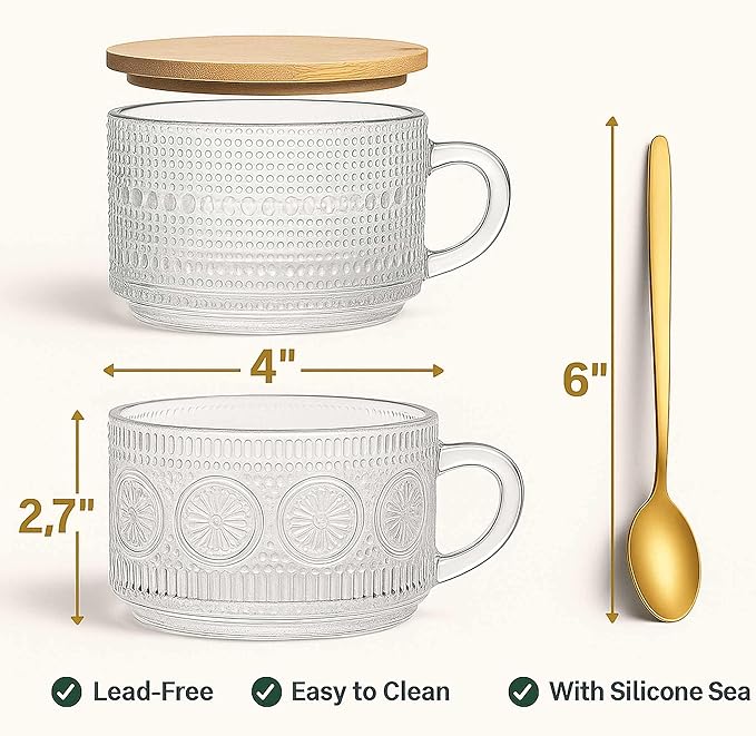 JBHO Vintage Glass 14OZ Coffee Mugs 4pcs Clear Embossed Glass Cups with Bamboo Lids and Spoons Gifts for Women Overnight Containers for Tea,Cereal,Cappuccino, Latte