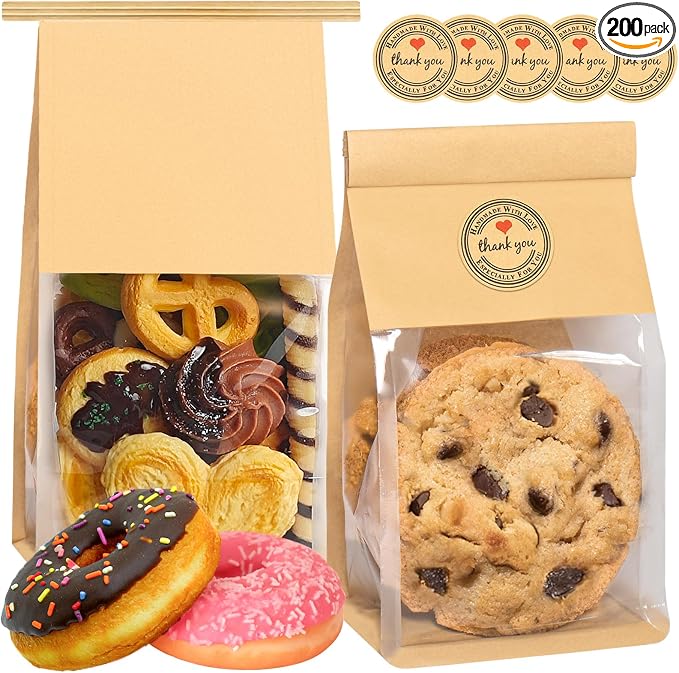 200 Pack Cookie Bags with Seal, 8.2x3.9x3.1 Inch Tin Tie Tab Lock Bakery Bags with Window Resealable Paper Packaging Bag for Muffin, Granola, Candies, Scone, Brownie, Included 200 Thank You Stickers by GOULIKFUL