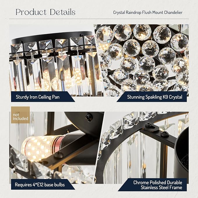 12.6" Black K9 Crystal Raindrop Flush Mount Ceiling Light, Modern Chandelier, Round Luxury Light Fixture for Dining Room, Bedroom, Hallway, Kitchen Island & Living Room - Image 5