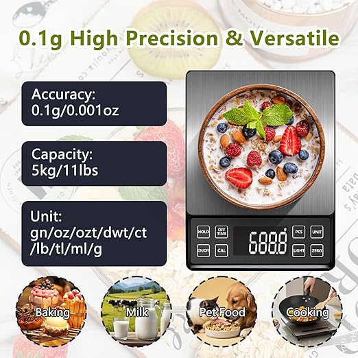 Digital Food Scale with 0.01oz/0.1g High Precision, Kitchen Scale 11lb/5kg Capacity, USB-C Rechargeable, LCD with Backlight, Stainless Steel Pan, Kitchen Scale for Cooking, Baking, Weight Loss